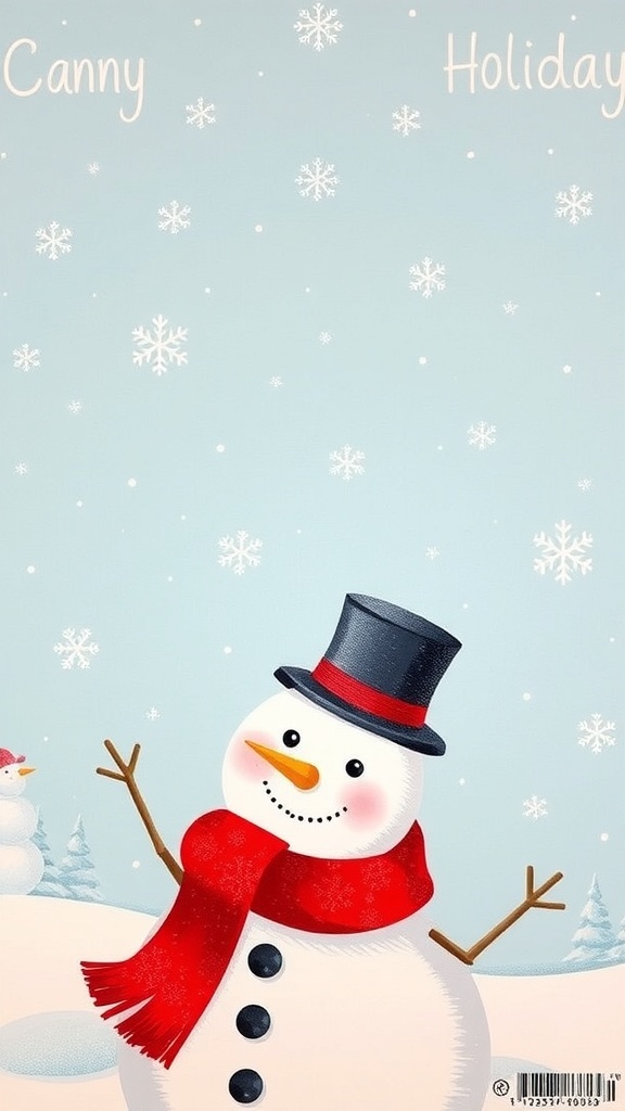 A charming snowman wallpaper design with snowflakes and winter scenery, ideal for Christmas decoration.
